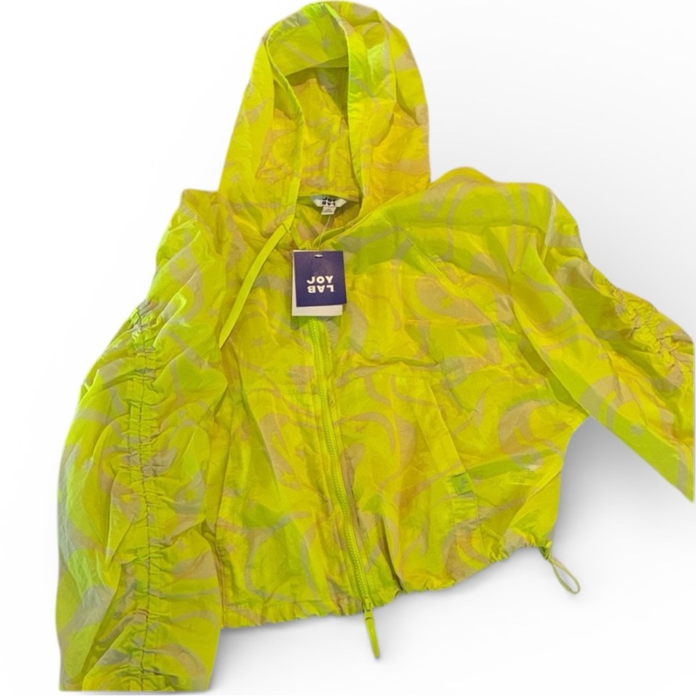 JoyLab Bright Yellow/Tan Patterned Jacket Celestial Packable Hooded Slicker